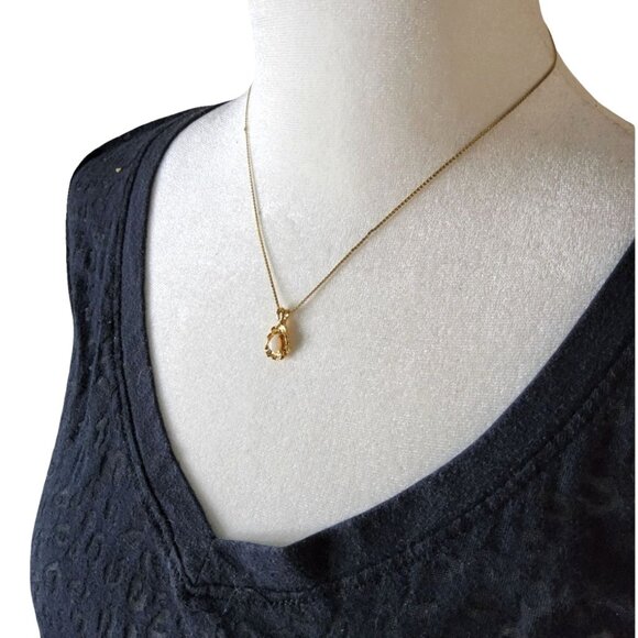 Womens Gold tone Teardrop Shaped Pendant With White Stone Inset Necklace - Picture 2 of 7